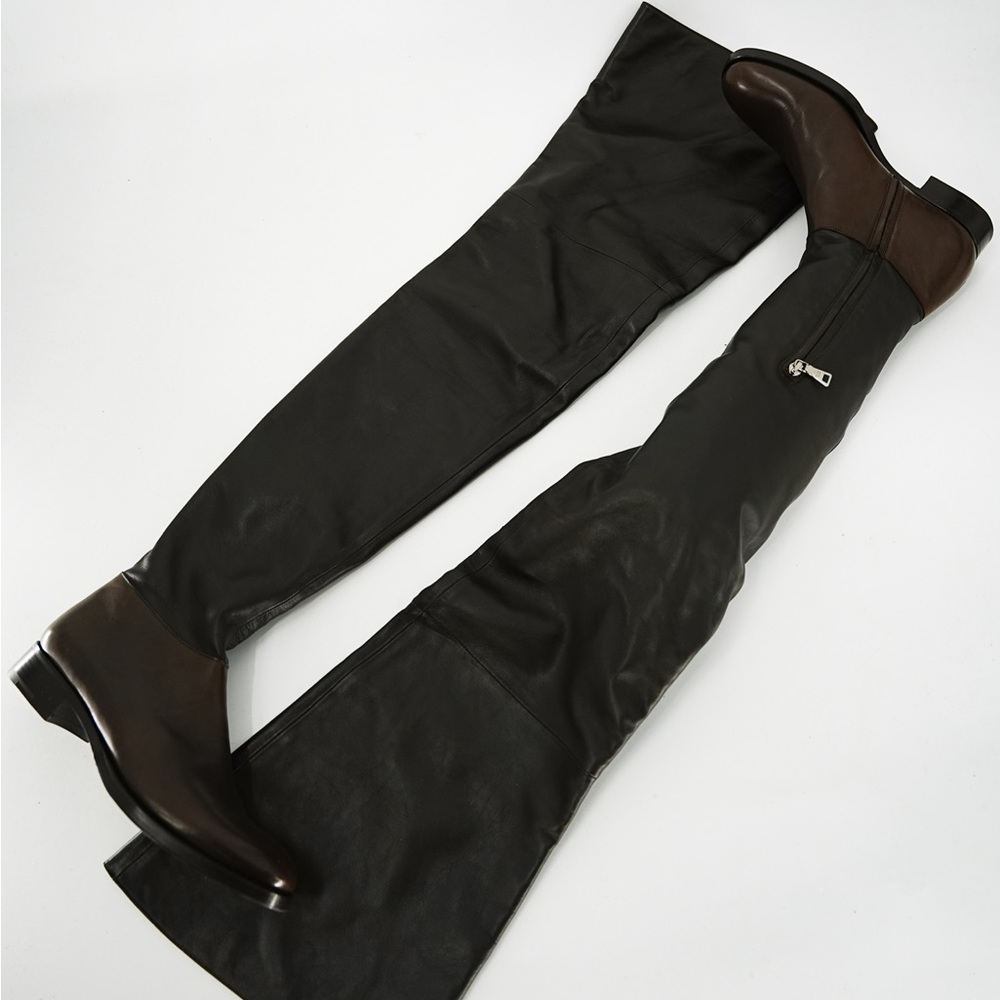 Prada Leather Brown Over the Knee Colorblock Boots Sz 9 NIB